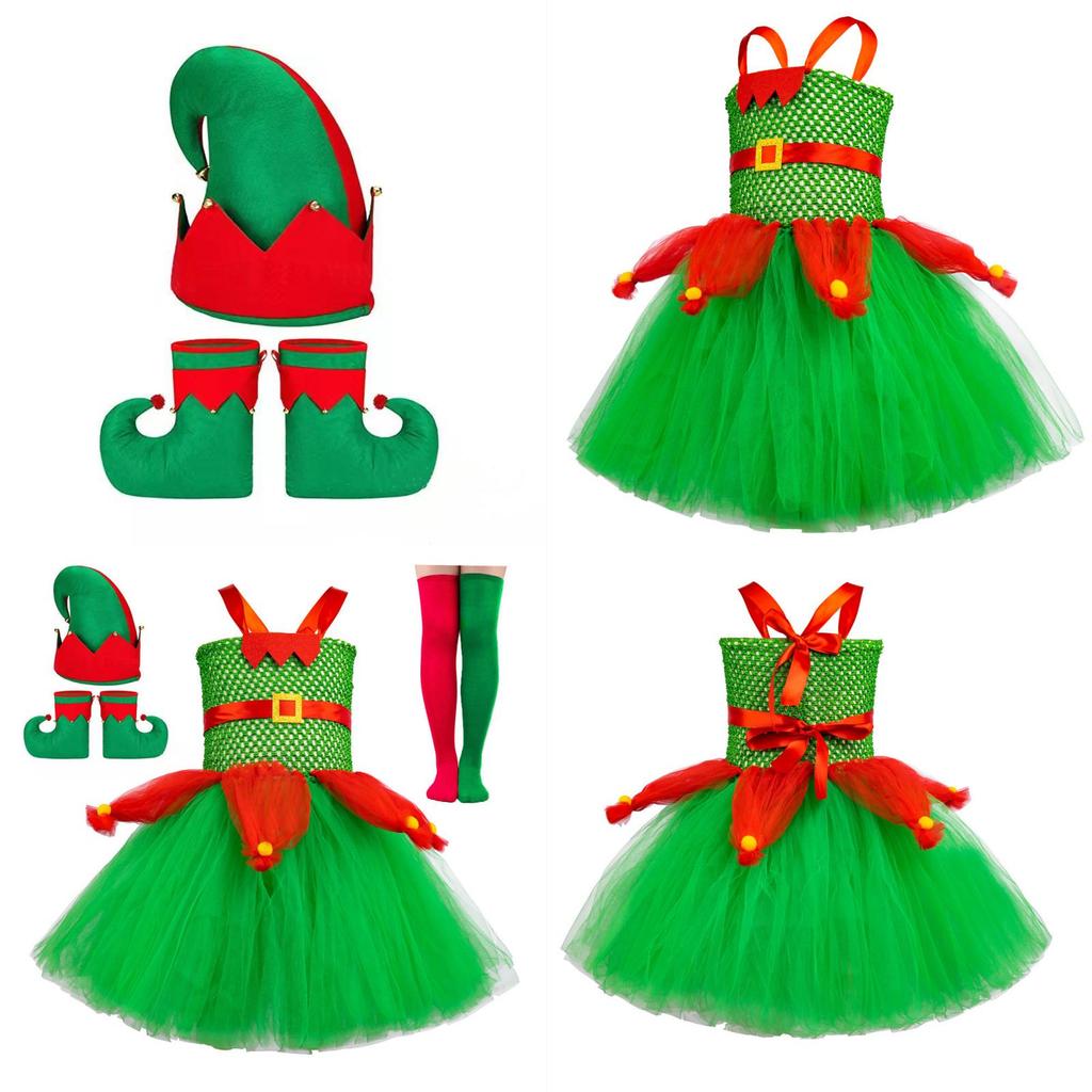Elegant European And American Children's Christmas Elf Costume For Parties And Performances Red And Green Net Tulle Christmas Tree Skirt