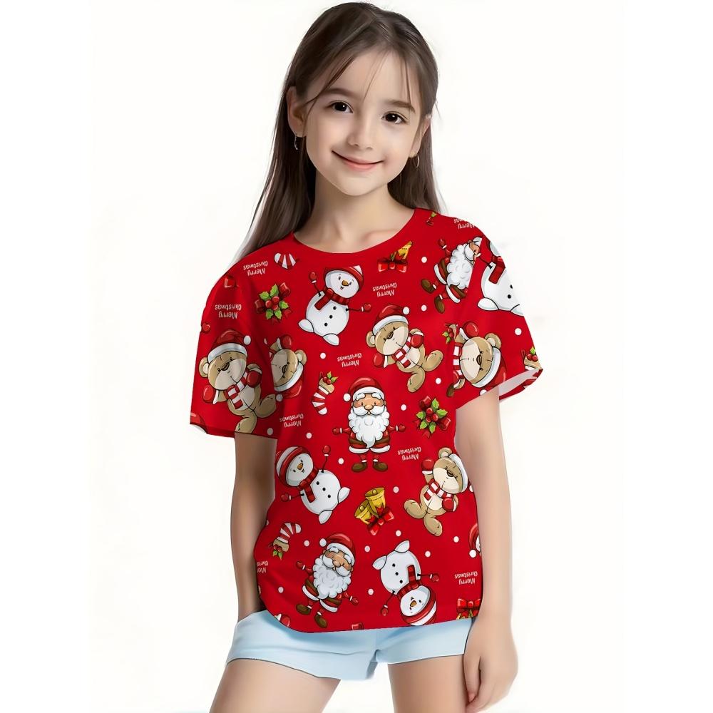 

Футболка для девочек 2025 с 3D-принтом на Рождество с изображением Санта-Клауса, с коротким рукавом, круглым вырезом, повседневная рождественская одежда для девочек, топ 110
