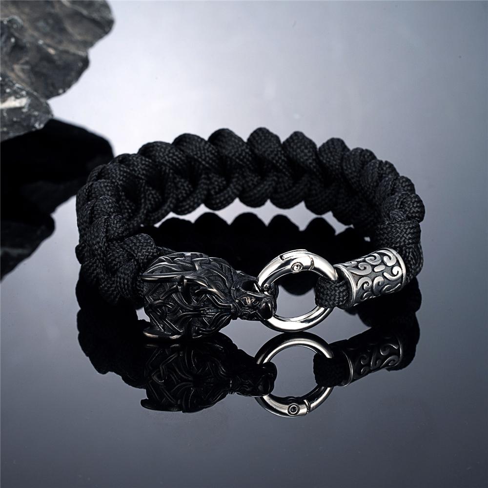 Outdoor Norse Mythology Odins Wolf Bracelet Men Stainless Steel Braided Paracord Rope Wristband Viking Runes Celtic Knot Jewelry