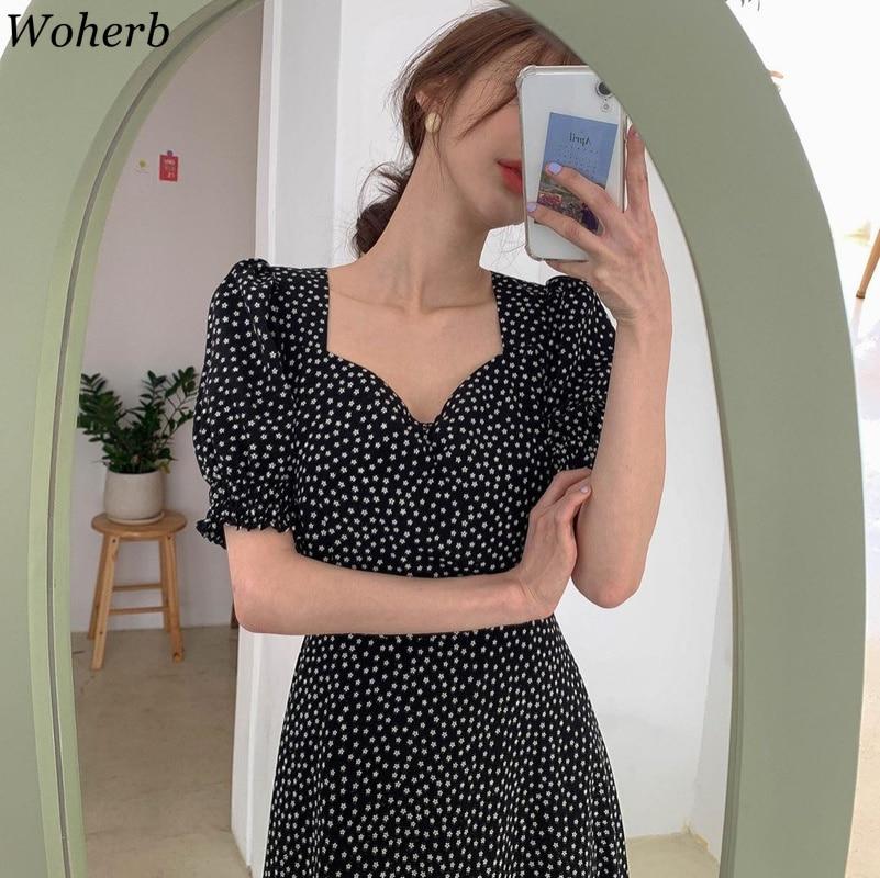 Vestito Donna Moda Coreana Nuovi Abiti Vintage Scollo Quadrato Allacciatura Vestiti Aderenti Stampa Maniche a Lanterna