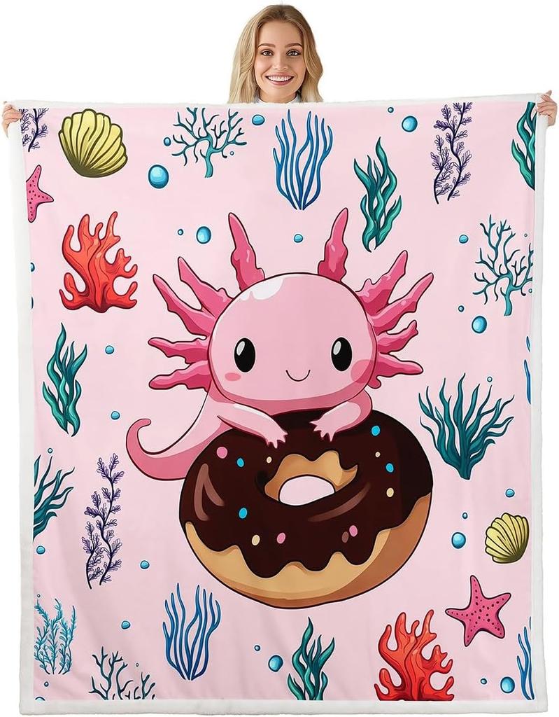 Cute Pink Axolotl Blanket Soft Fleece Throw Cherry Blossom Design Fantasy Art Kids Room Decor