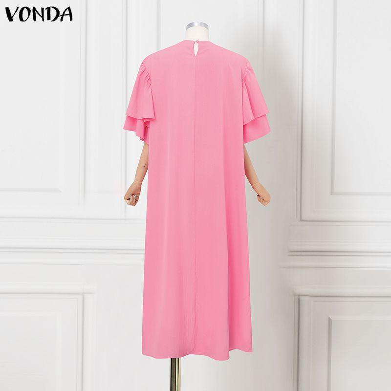 VONDA Summer Women O Neck Half Sleeve Pleating Casual Long Oversized Dress