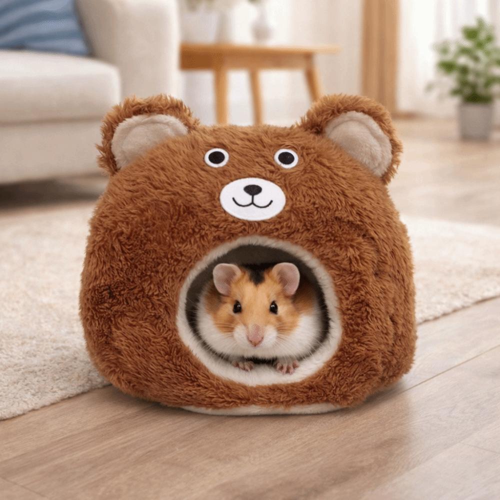 Cozy Cartoon Hamster Warm Nest Bear Shape Semi-enclosed Guinea Pig House Windproof Plush Hamster Cotton Nest Winter