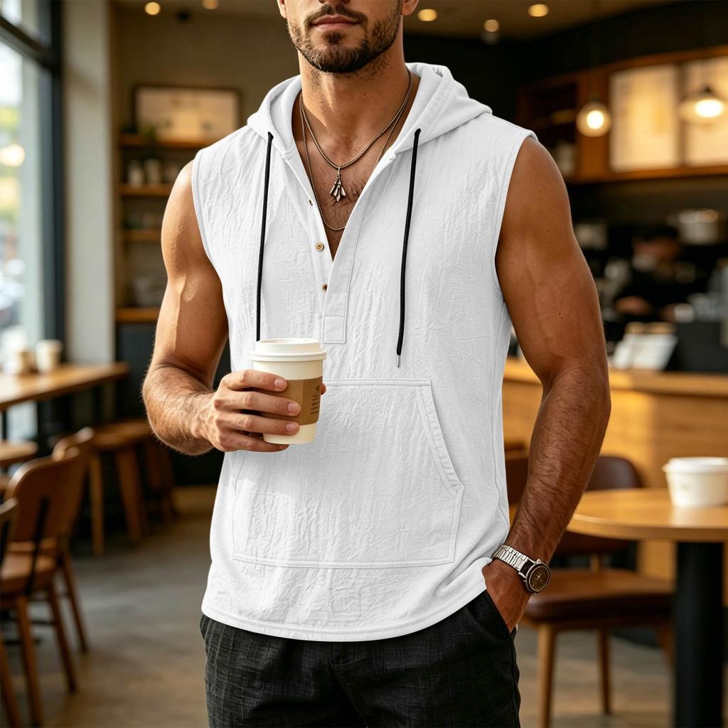 Men's Summer Loose Fit Sleeveless Hoodie Vest Casual Linen Pullover Shirt Lightweight Breathable Beachwear