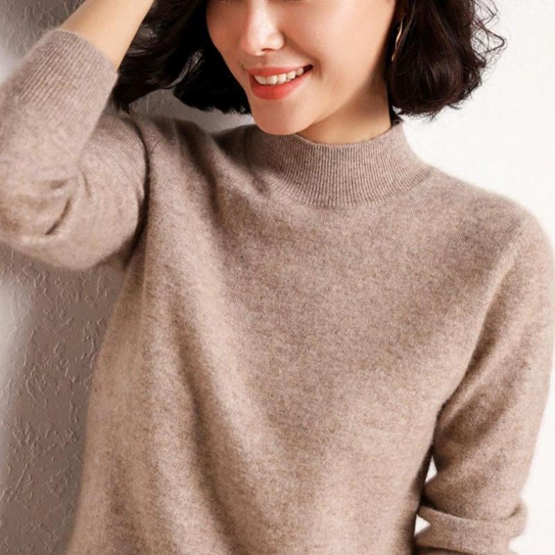 Half High Neck Fashionable Versatile Knitted Sweater for Women, Autumn and Winter Short Style Pullover, Solid Color Loose Sweater Base