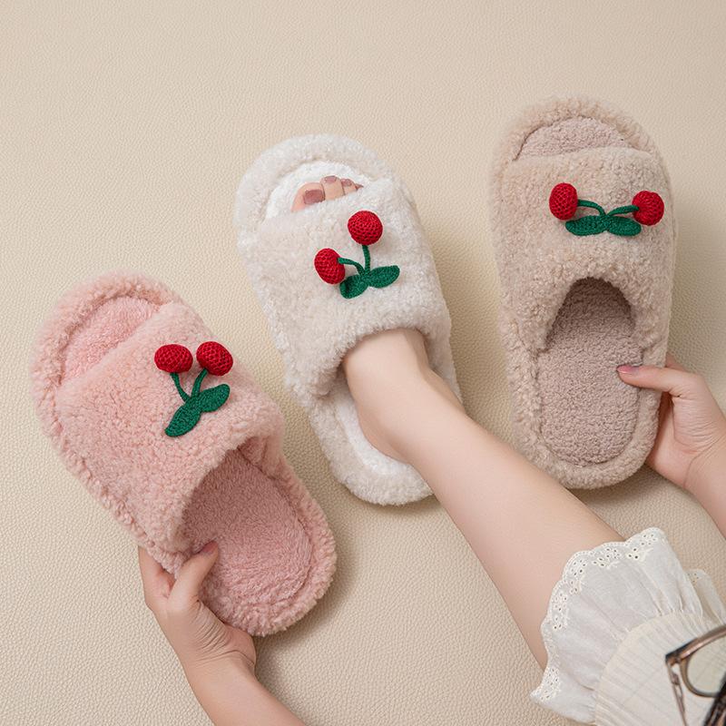Cherry open cotton slippers ins warm fluffy slippers cherry contrasting plush slippers