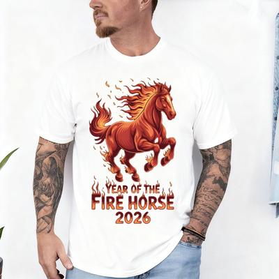 Year of The Fire Horse 2026 Zodiac Chinese New Year 2026 Crew Neck Short Sleeve Cotton Top All Seasons Casual Fashion Soft Tees
