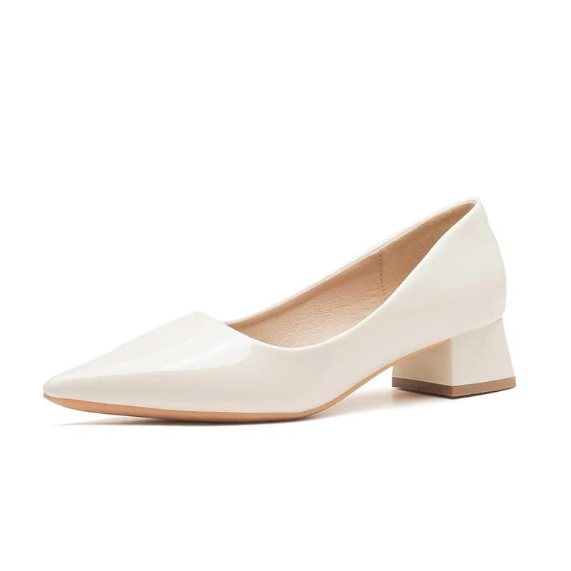 Women Pumps Pointy Chunky Heels  Summer Fashion Shallow Thick Heel Soft Sexy Patent Leather Slip on Nude Casual Party Shoes