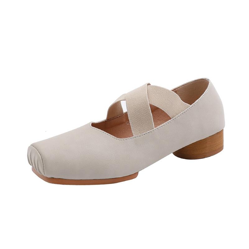 New Year's New Crossed Ballet Sneakers with Square Toe Pleated Retro Style Single Shoes Thick Heels Mary Jane Women's Shoes