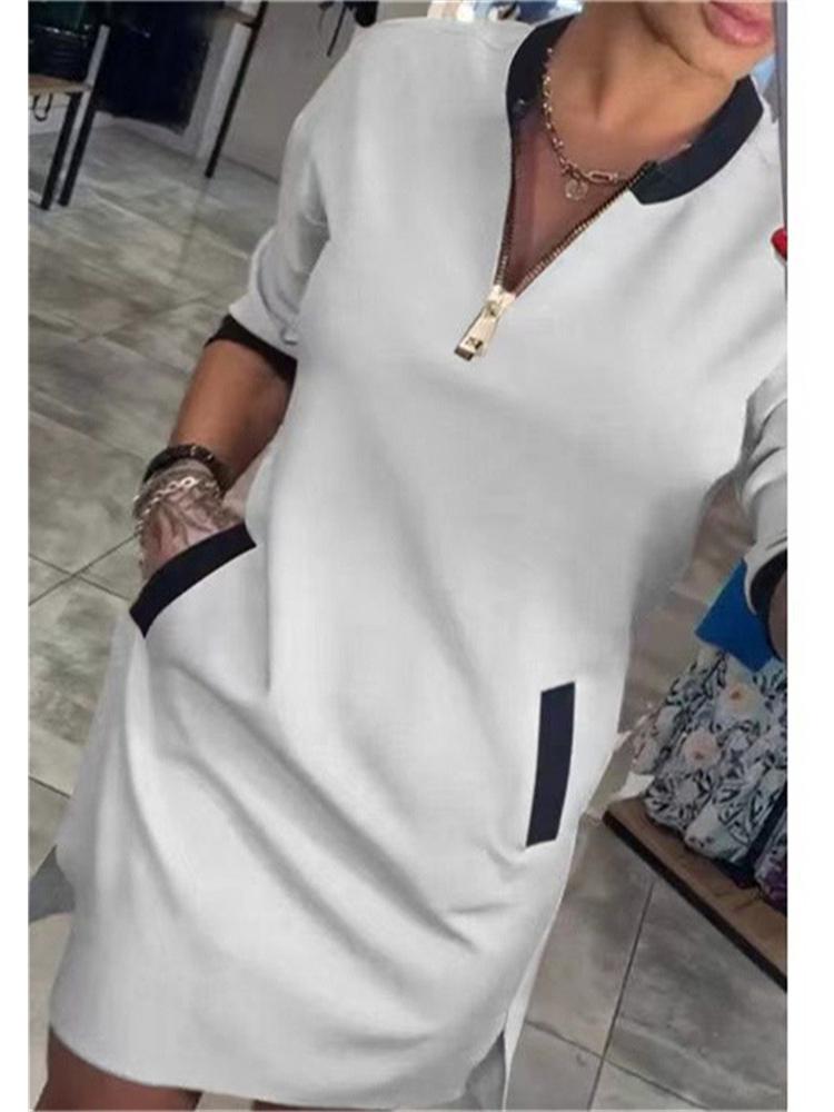 2024 V-Neck Zipper Seven-Sleeve Casual Dress