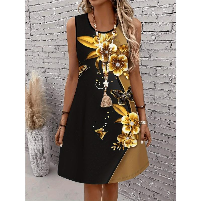 Летние Новые Женские Платья Модные Повседневные Платья Без Рукавов С Цветочным Принтом Платья С Круглым Вырезом Женские Платья Для Пляжного Отдыха L