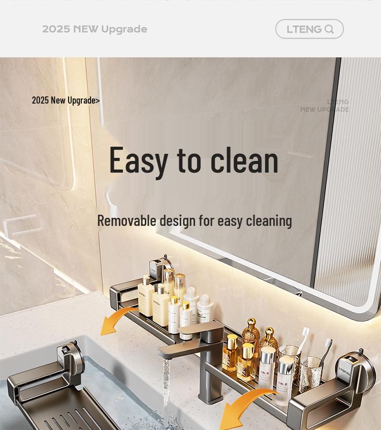 Wall-Mounted Bathroom Shelf with Mirror and Faucet Suction Cup Holder