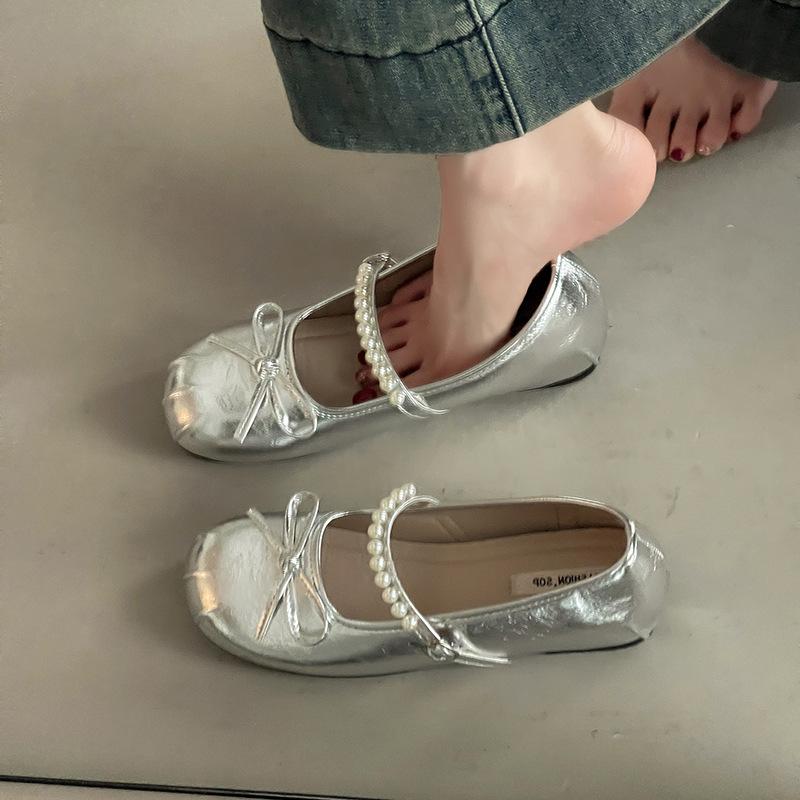 Summer pearl one-word strap single shoes new retro temperament versatile bow Mary Jane shoes women
