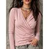 Women S V Neck Pleated Long Sleeve T Shirt Casual Top
