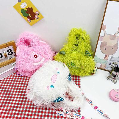 Cute Plush Cartoon Monster Crossbody Bag For Girls Autumn Fashion Small Square Shoulder Handbag Casual Daily Use
