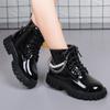 Girls's Fashion Pearl Chain Boots Autumn Winter Glossy PU Leather Single Boot Princess Leather Shoes Soft Bottom Black Shoes