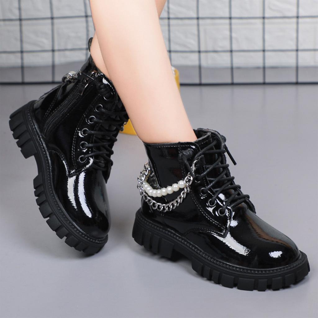 Girls's Fashion Pearl Chain Boots Autumn Winter Glossy PU Leather Single Boot Princess Leather Shoes Soft Bottom Black Shoes