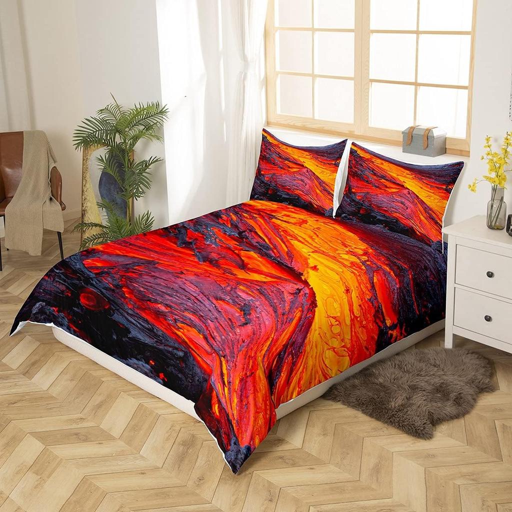 Vulkan Bettwäsche Set Twin 2/3 Teile Katastrophe Gedrucktes Muster Rot Gelb Bettdecken-Set Lava Bettbezug Für Erwachsene Jungen Männer Teen