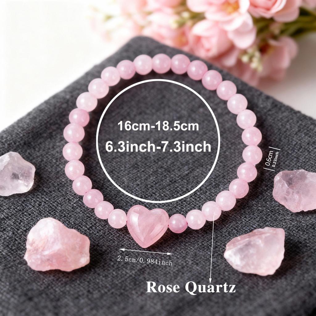 Festive Gifts Rose Quartz Beaded Bracelet With Heart Charm Sweet Fashion Jewelry For Women Daily Wear Simple Versatile Accessory