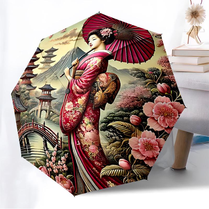 1 ks Deštník Geisha s květy, automaticky skládací - Kompaktní design s 8 žebry, odolný plast a železo, lehký pro venkovní každodenní použití, slavnostní dárek062
