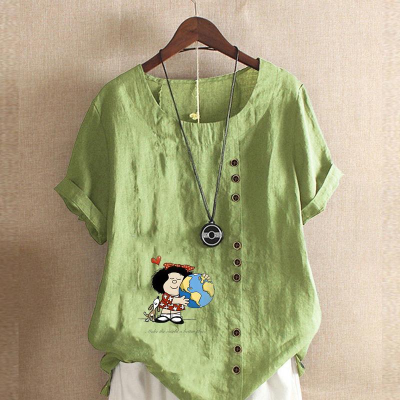 

Женская мода Love the Earth Printed с круглым вырезом и коротким рукавом Футболка Повседневная хлопковая льняная рубашка с рисунком Свободная летняя блузка Топы 5XL зелёный