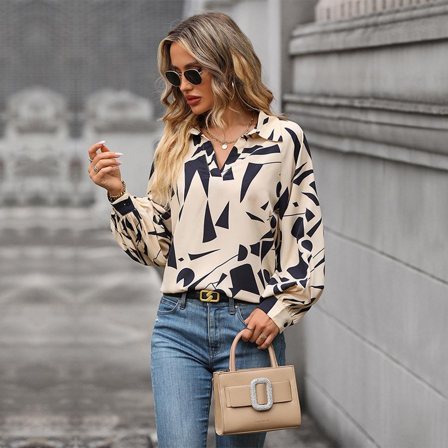 Spring/Autumn Trendy Commute Casual Personalized Lantern Sleeve Abstract Geometric Print Shirt for Women
