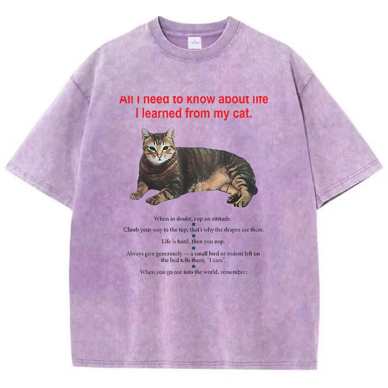 Fashion T Shirt Vintage Washed Cotton T-Shirt Funny Cat Graphic Tee Casual Streetwear Spring Summer