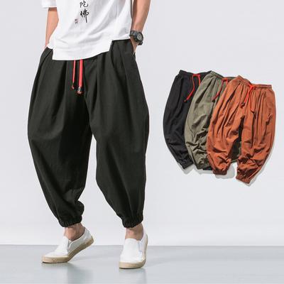 Danmo Herren-Leinenhose im japanischen Stil, lässige, lockere Hose, Frühling/Herbst, elastische Taille, einfarbig, Outdoor-Jogging-Sporthose, Übergröße