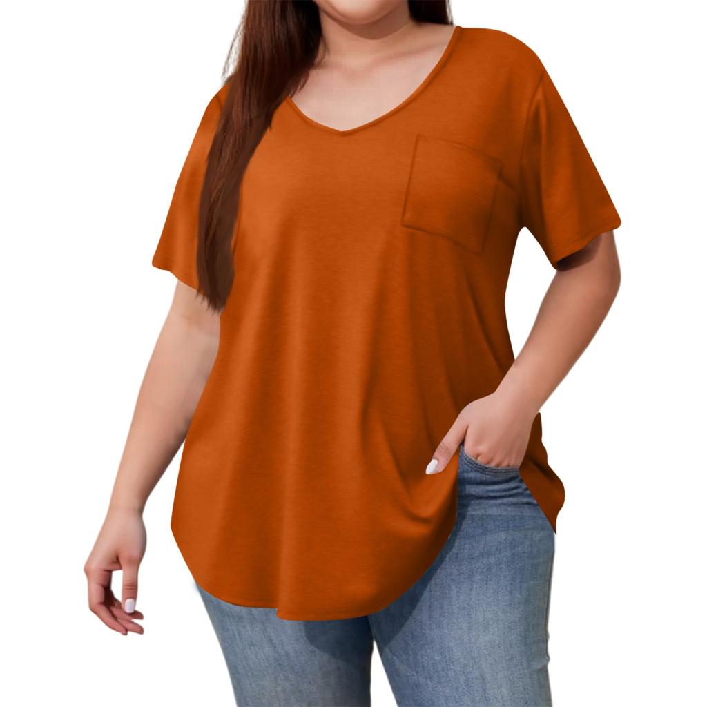 Women's Color Large Size V-neck Top Loose Pocket T-shirt