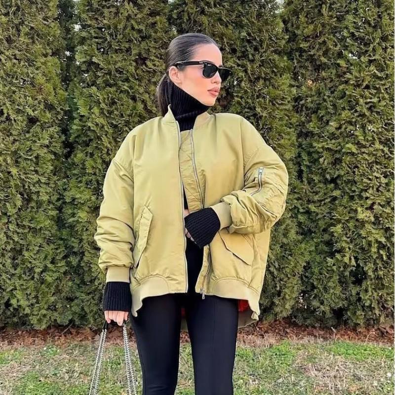 Womens Oversized Y2K Streetwear Bomber Jacket Loose Fit Zip-Up Windbreaker In Army Green Black