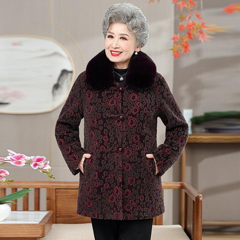 Old Lady Winter Woolen Coat Plush Thickened New Grandma Clothing Autumn and Winter Woolen Coat Mother Clothes
