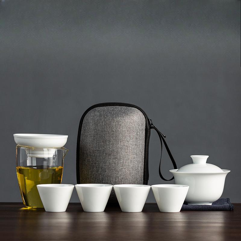 Dehua White Porcelain Travel Tea Set Outdoor Travel Portable Glass Quick Cup Cover Bowl Small Three Cups