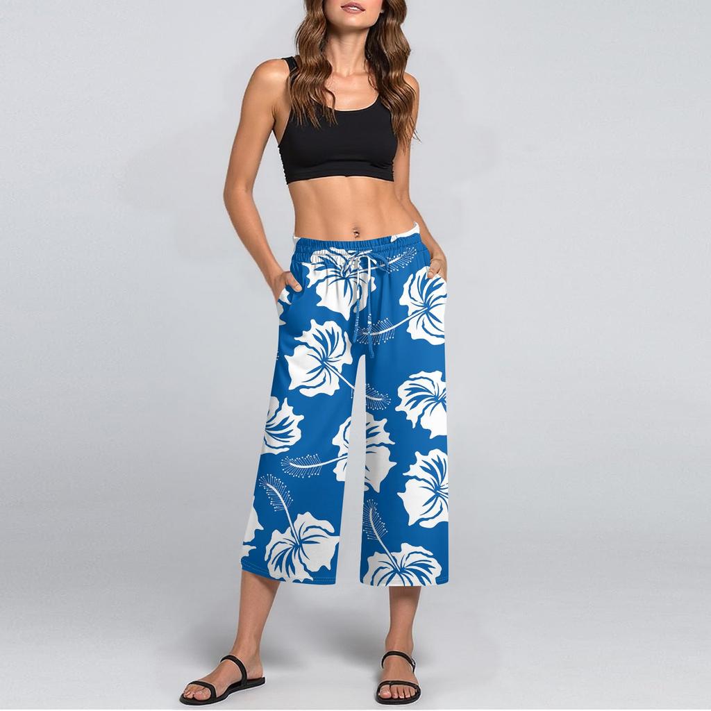 Damen Sommer Hohe Taille Bedruckte Freizeit-Sportbekleidung Lässige Cropped-Hose Weite Hose