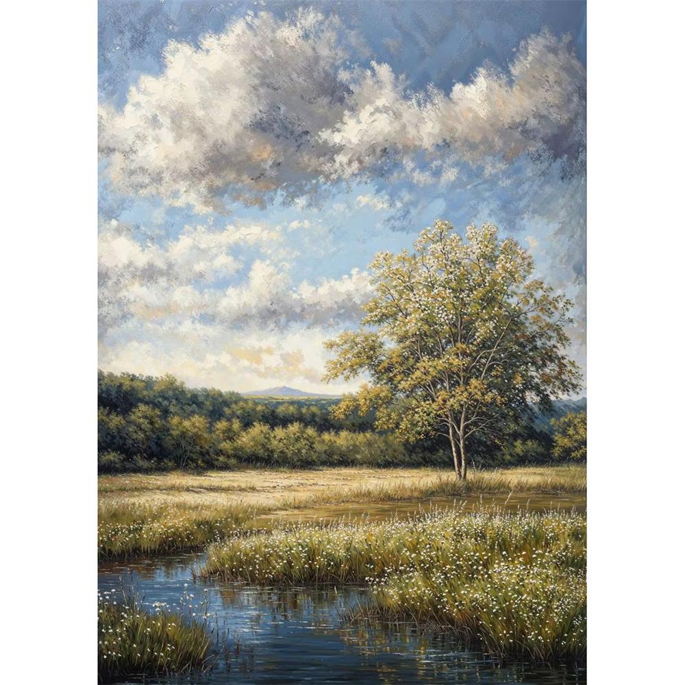 Cabana na Montanha Vista do Vale Caminho de Outono Prado de Verão Floresta de Árvores Nuvem Pôster Pintura em Tela Impressão para Sala de Estar Decoração de Casa