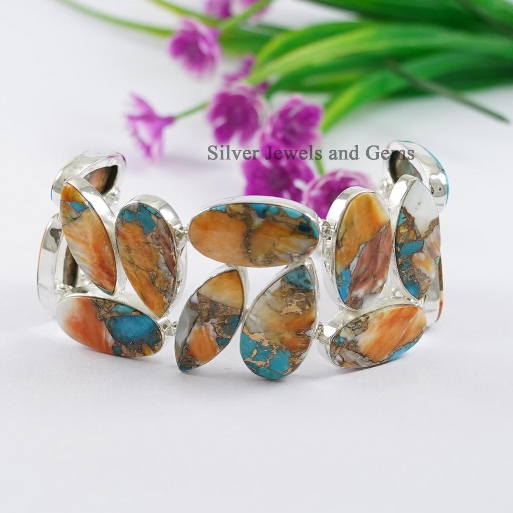 Oyster Copper Turquoise Bracelet, Cluster Bracelet, 925 Sterling Silver Bracelet, Engagement Bracelet, Orange Gemstone Bracelet
