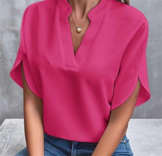 1116 Sommer Neu V-Ausschnitt Shirt Damen Einfarbig Lässig Vielseitig Europäisch und Amerikanisch Kurzarm Pullover