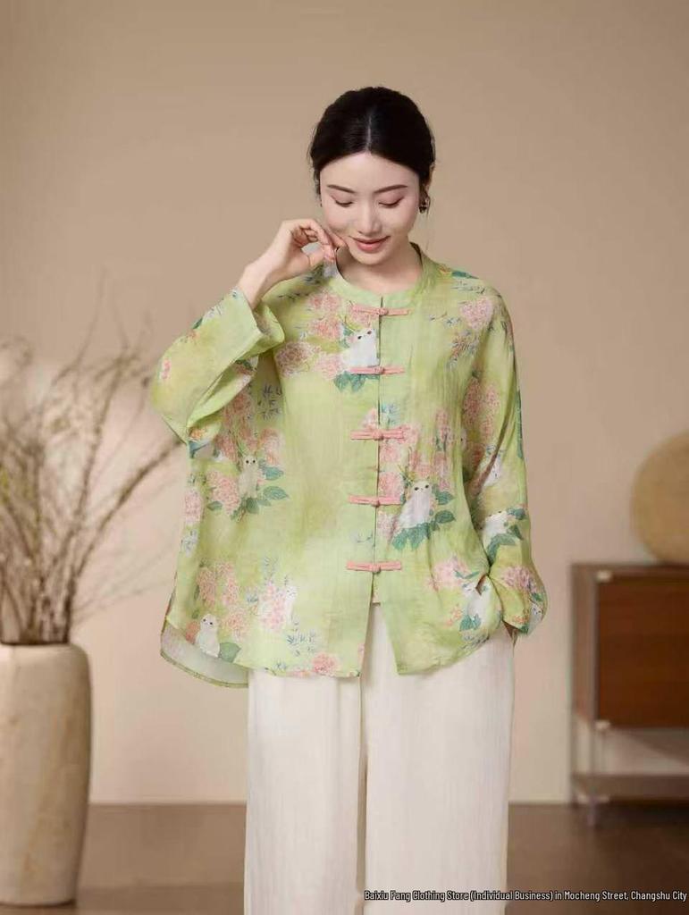 2026 Spring/Summer Women's Chinese-Style Elegant Print Stand-Up Collar Long-Sleeve Ramie Shirt