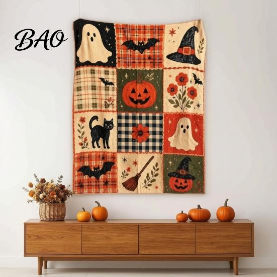 Vintage Stil Herbst Geburtstagsgeschenk Halloween Patchwork Überwurfdecke, 90er Jahre Karomuster Wandteppich mit Geist Kürbis Fledermaus, Gemütlich Rustikal Bauernhaus Herbst