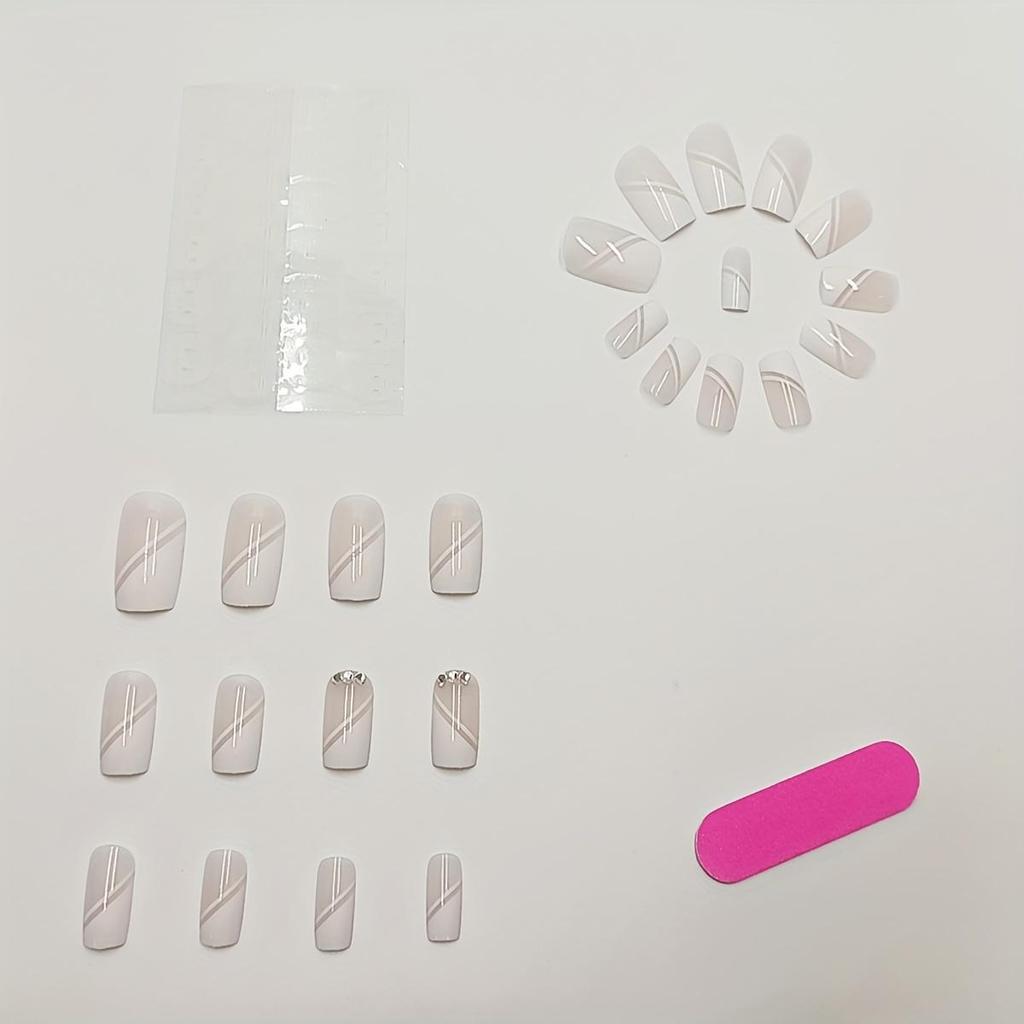 24-częściowy zestaw do nakładania paznokci Glamorous White Square Press-On Nails z błyszczącymi kryształkami, pilnikiem do paznokci Jelly Glue - średniej długości francuskie końcówki, zestaw sztucznych paznokci dla kobiet