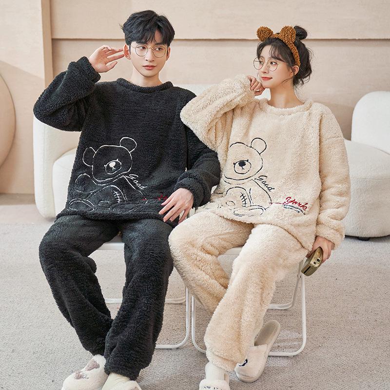 Couples' Cozy Flannel Pajama Set: Women's Plus Velvet, Men's Loose Fit, Warm Coral Fleece Homewear