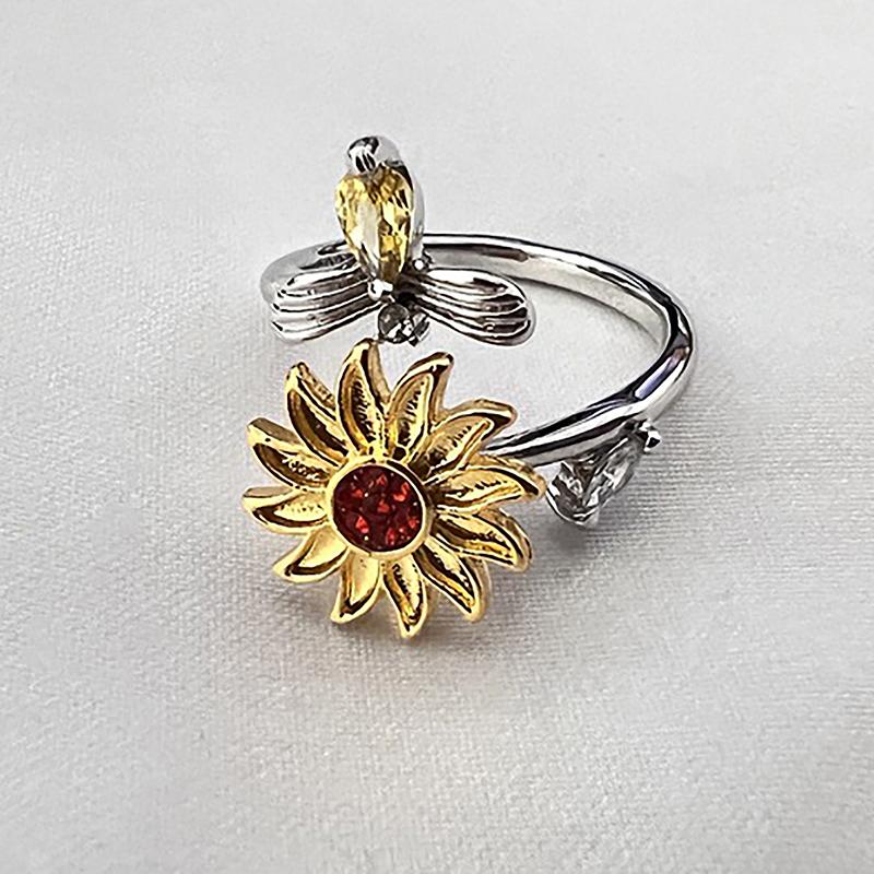 Opening Adjustable Spinning Sunflower Bee Release Stress Ring Rotatable Zircon Copper Finger Ring For Women Fashion Jewelry