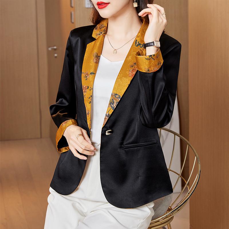 

Шелковый маленький костюм женская весенне-летняя одежда новая модная принтованная вставка куртка из шелка-тутового шелкопряда XXL чёрный