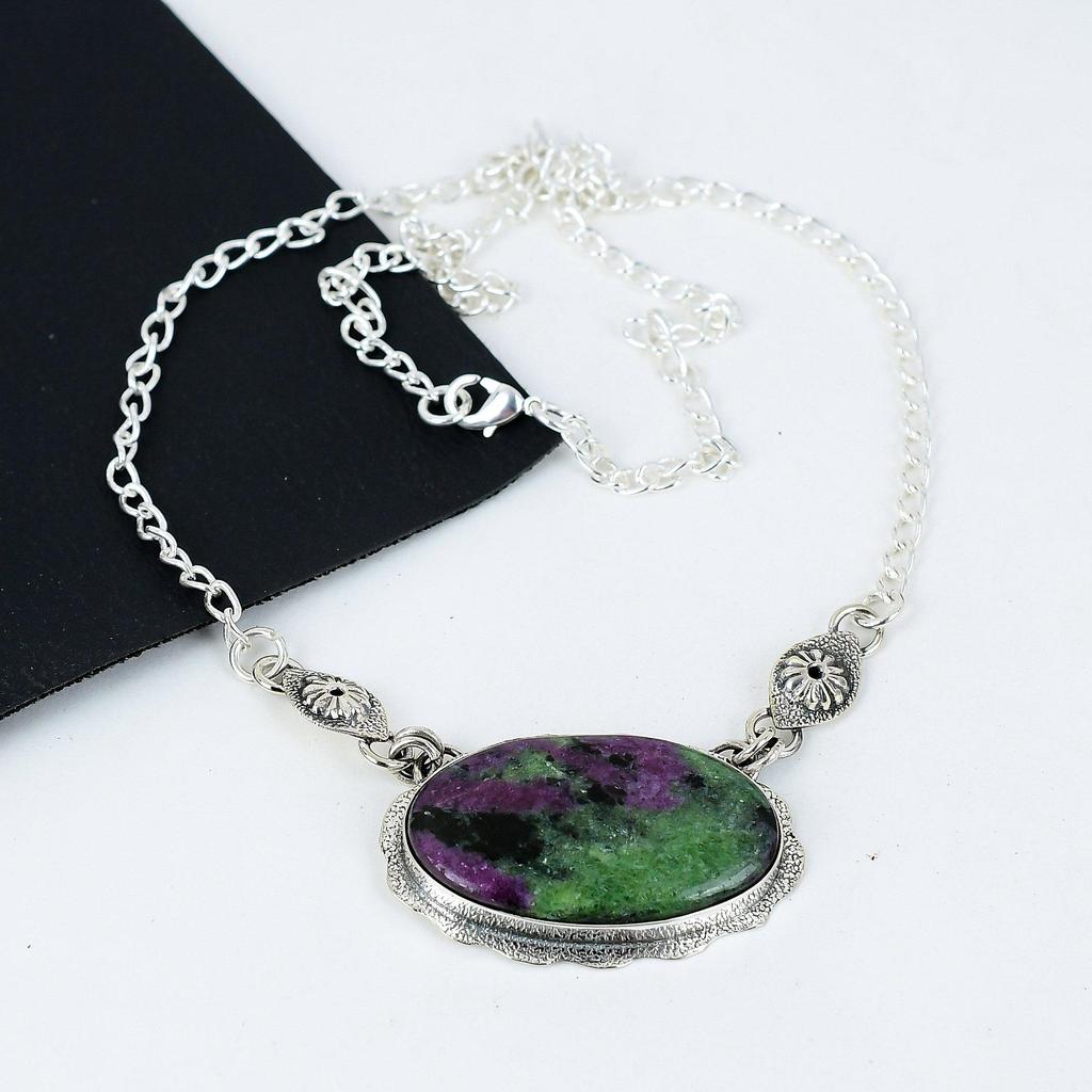 Natural Ruby Zoisite Gemstone Handmade 925 Sterling Silver Electroform Necklace, Ruby Zoisite Silver For Wife Unisex Pendant Easter Gifts
