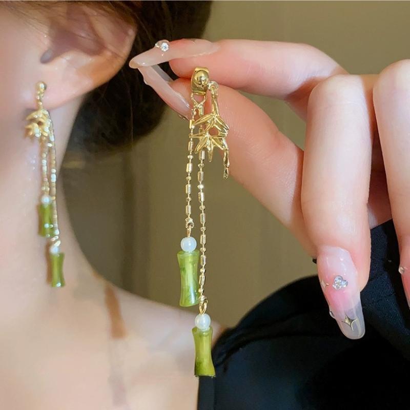 

Elegant Bamboo Leaf Dangle Earrings: Women s Chinese Style Tassel Studs