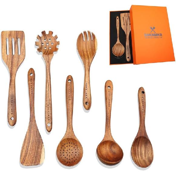 Wooden Spoons for Cooking,10 Pcs Natural Teak Wooden Kitchen Utensils Set Wooden Utensils for Cooking Wooden Cooking Utensils Wooden Spatulas for