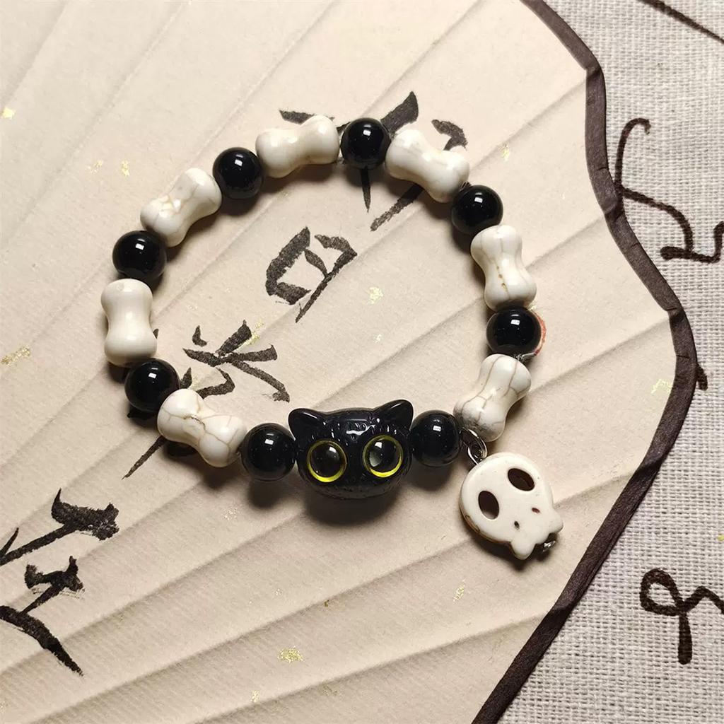 Fashion Skull Cat Bracelet Adjustable Beaded Stretch Wristband Cute Charm Hand Chain for Men Women Unisex Jewelry Accessory