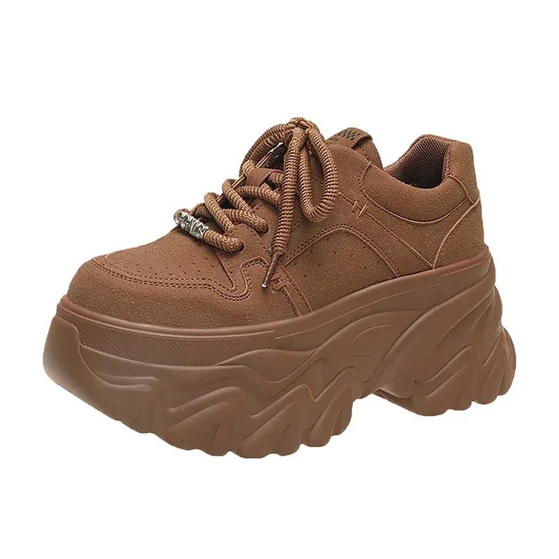 

8 см осень весна женские нескользящие туфли на высокой платформе танкетки повседневные увеличивающие рост массивные кроссовки женские кожаные туфли 34