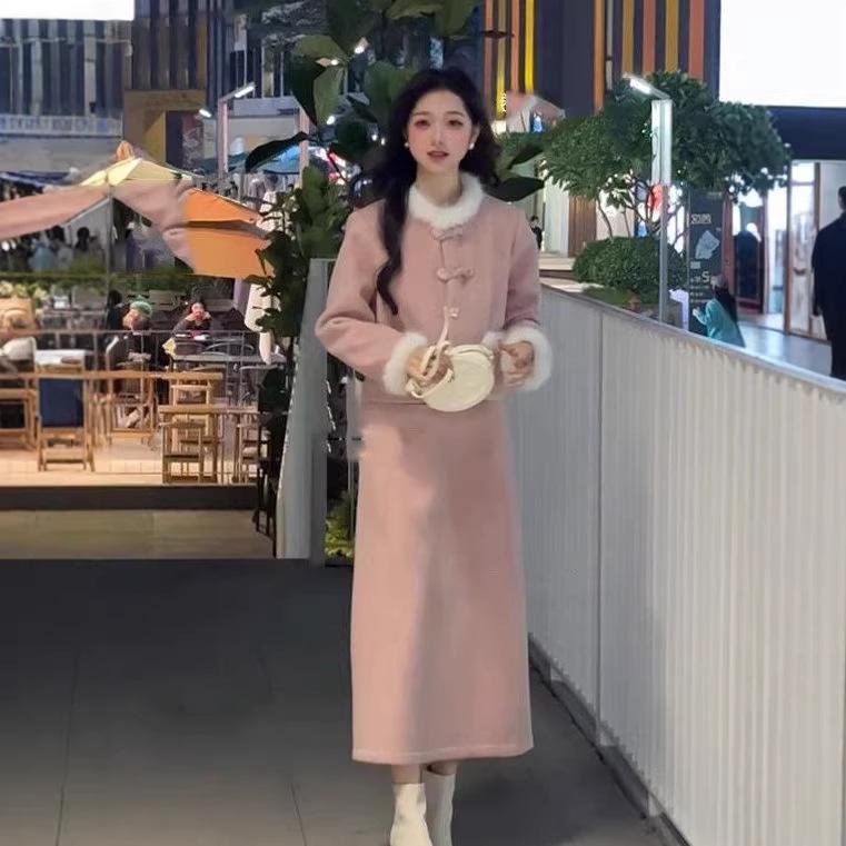 New Fur Collar Woolen Coat & Skirt Set - Autumn/Winter Rich Girl Style