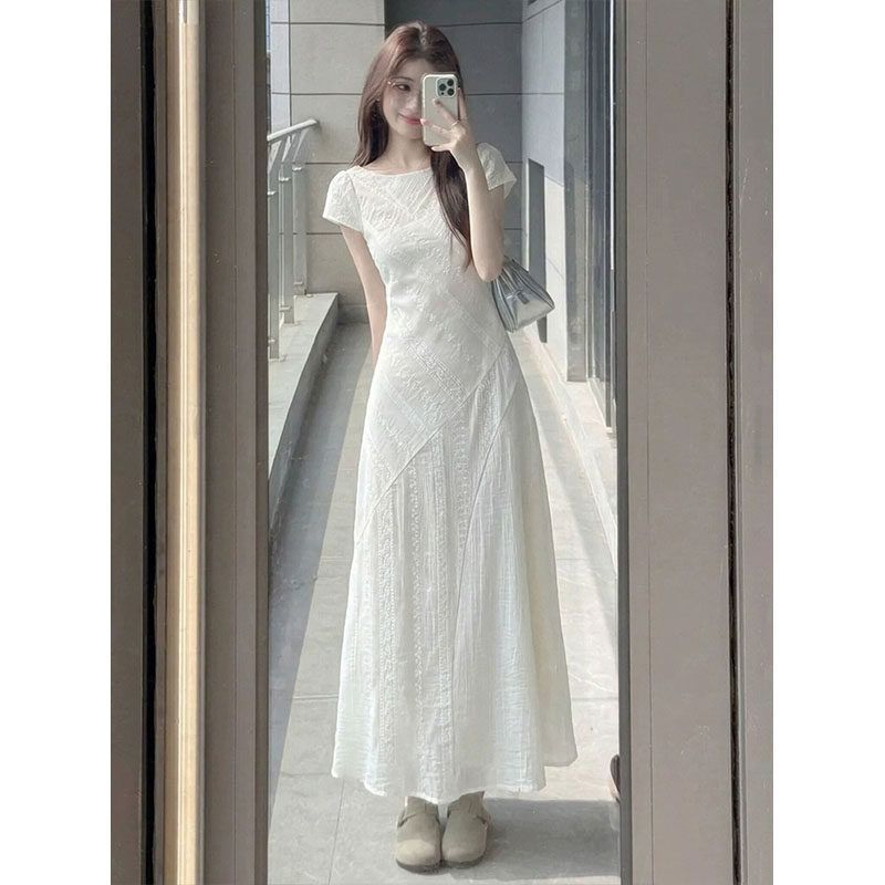 Summer new design round neck short-sleeved jacquard dress women's French temperament waist and thin long A-shaped skirt