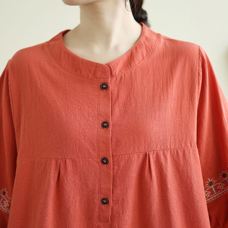 Fat Mama Plus Size Women's Ethnic Cotton Linen Button-Up Shirt - Round Neck, Loose Fit for Spring/Summer, Ideal for Middle-Aged and Elderly.
